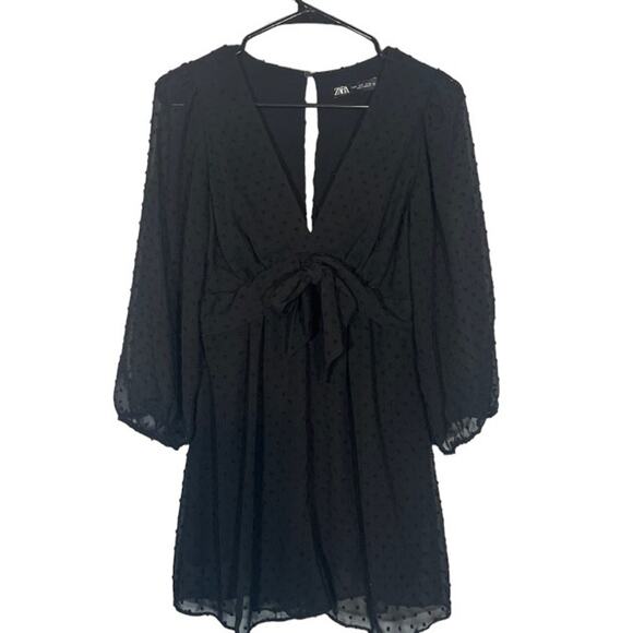 Zara Black Long Sheer Sleeve Dotted Key Hole Back Belted Short Romper Women Sz S - Picture 1 of 11